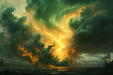 A glowing aurora with radiant digital waves lighting up a neon sky, symbolizing wonder