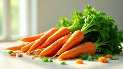 A vibrant bunch of freshly harvested carrots, showcasing their bright orange hue and lush green tops, sits on a pristine white surface, bathed in soft sunlight.