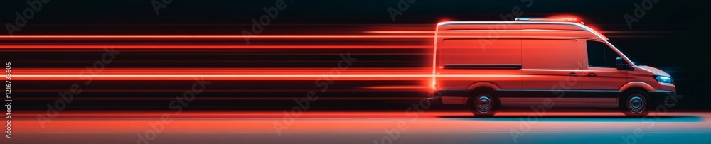 Poster high-tech emergency response vehicle sleek red ambulance with dynamic light trails on asphalt cuttin