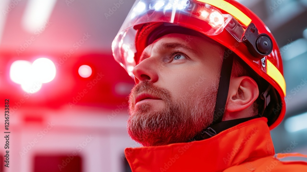 Poster high-tech emergency response firefighter in advanced gear with led helmet - public safety innovation