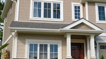 Elegant Home Exterior: Modern House Design with White Columns and Brown Door