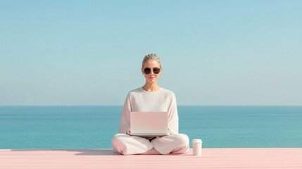 Fototapeta premium Coastal Tech Retreat Young Woman on Wooden Deck with Laptop and Coffee Cup by Sunny Ocean - Remote Work Lifestyle and Flexible Travel Solutions for Entrepreneurs
