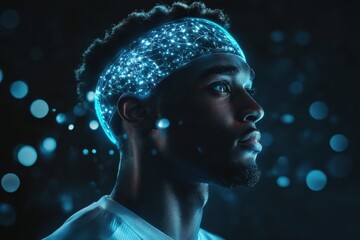 Man wearing glowing headband with digital particles in dark setting showcasing concentration