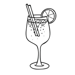 Aperol Spritz Cocktail. Hand drawn Vector illustration of alcohol drink with orange slice and ice in Doodle style. For cocktail bar menu, logo or drink summer party Invitations.