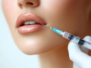 Girl Receiving Lip Enhancement Procedure. Woman getting cosmetic injection of botox