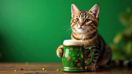 A playful feline companion enjoys a frothy beverage in a festive stein, celebrating a joyful occasion with a cheerful demeanor against a vibrant backdrop.