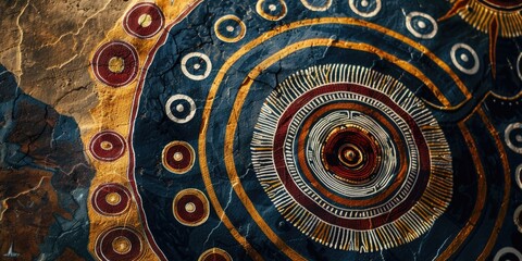 A colorful design with a blue circle in the center. The circle is surrounded by many other circles of different sizes and colors. The design appears to be abstract and artistic