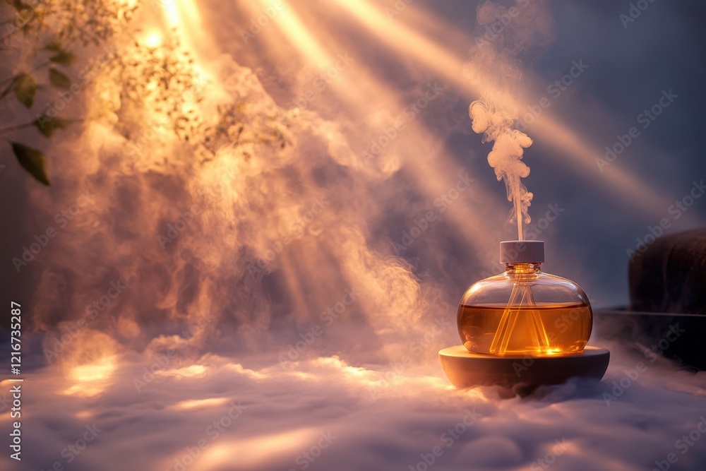 Poster soft light illuminates a fragrant oil diffuser surrounded by mist in a serene setting