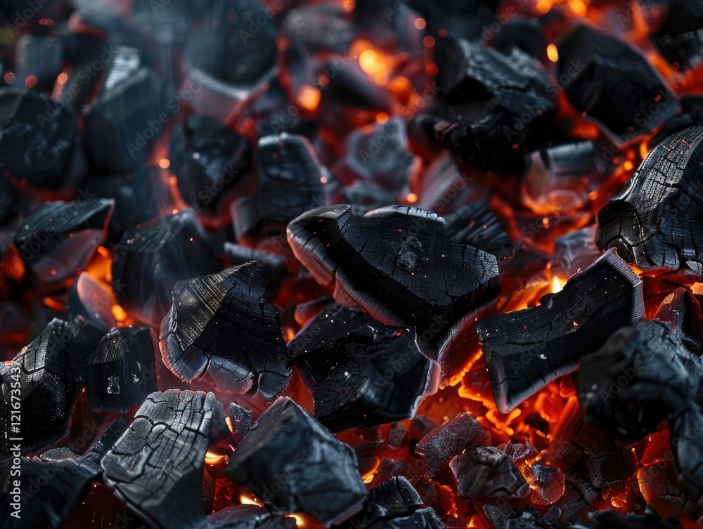 Poster the image is of a pile of charcoal with glowing embers. the black and red colors create a mood of wa