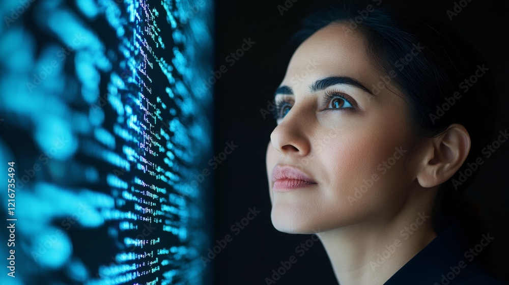 Poster Modern Tech Innovation Indian Female Developer Analyzing Code on Large Display in Minimalist Office - Enhancing Digital Collaboration and Workplace Efficiency in IT