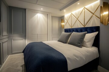 Elegant Modern Bedroom Interior Design Featuring a Blue Velvet Bed
