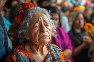 Fototapeta premium A Latino elderly woman appears faint during a festive gathering filled with colorful decorations and people. The atmosphere is lively, yet she shows signs of distress in the midst of the crowd