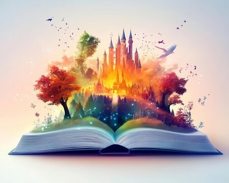 Tale book magic kingdom on white background. A magical, open book reveals a vibrant castle landscape filled with colorful trees, birds, and a whimsical atmosphere.