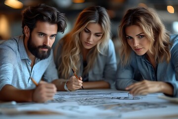 Three young professionals collaborating on a design project.