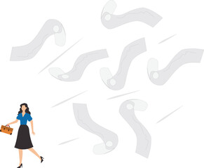 Overwhelmed with completing the excessive workload, stressed and tired from business problem and trouble, burnout and depression , confused and fearful businesswoman runaway from chasing paperwork