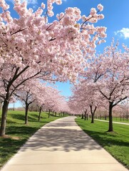 Cherry Blossom Path Spring Walkway - Picturesque path lined with vibrant pink cherry blossom trees under a bright blue sky. Perfect for spring themes.
