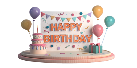 3d happy birthday card on transparent background