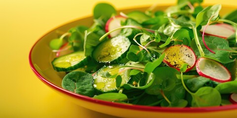 A plate of salad with cucumbers, radishes, and greens. The salad is served on a yellow plate with red accents