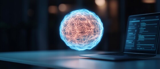 Holographic Cybersecurity Display Digital Globe and Data Interfaces on Sleek Workspace - Futuristic Tech Aesthetic for Advanced Business Security Solutions