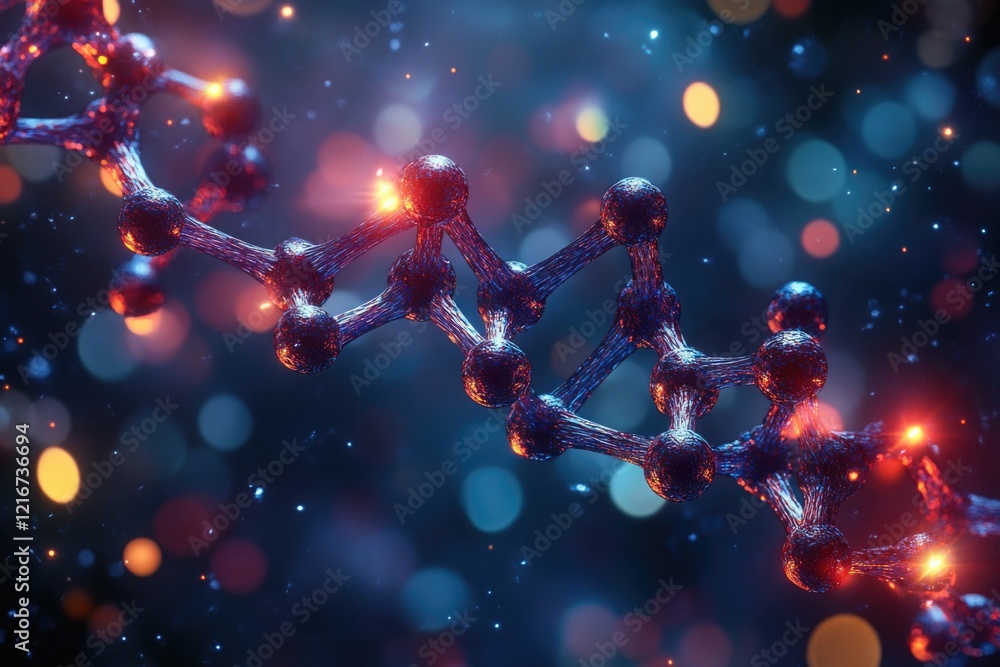 Poster 3d rendering of a dna molecule with helix structure in background, set against a nebula-like space. 