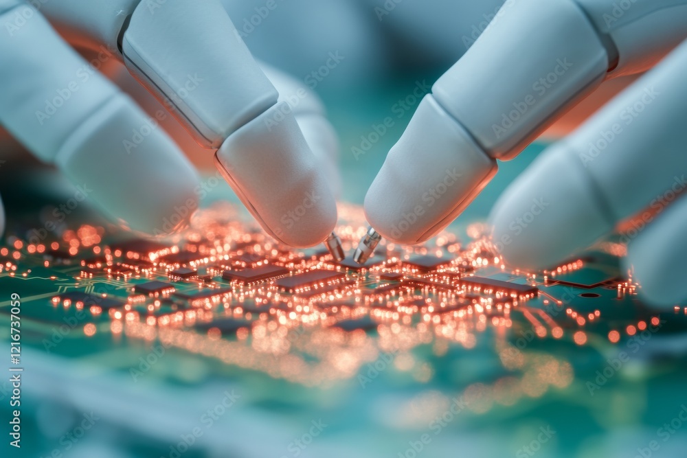Leinwandbilder Futuristic AI Precision Robotic Hands Assembling Microchips on Metallic Surface - Advancing Tech Manufacturing and Sustainable Innovation in Digital Engineering