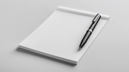Blank notepad and pen on white surface.