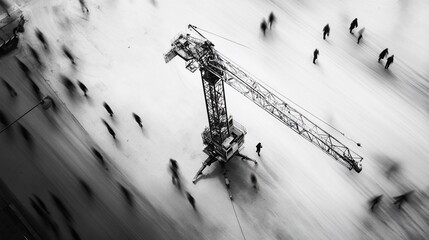 Aerial view of a crane in a snowy city square with blurred people.