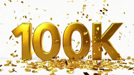 100k golden letters with golden particles falling white background. 100K followers banner 3D design. thank you for 100K followers. 3D rendering. 4K motion Video Element. Festive,celebration