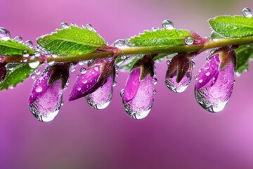 Dew Drops on Purple Flowers - Close-up of delicate purple flowers with water droplets clinging to petals and leaves, soft pink background.