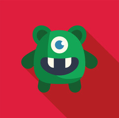 Cartoon illustration of a one eyed green smiling monster with two teeth, isolated on a red background with long shadow