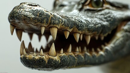 Obraz premium A close-up of the head and jaw of an alligator, focusing on its teeth and scales, against a white background. 