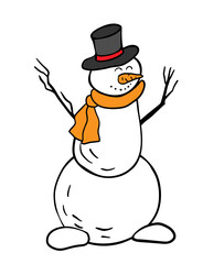 snowman with a black top hat, orange scarf, stick arms, a carrot nose, and a smiling face. The design is playful and simple for New Year card, print, brochures, poster design.