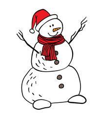 Cute illustration of a snowman in doodle style, he is wearing knitted red hat, scarf. Flat vector character isolated white background for New Year card, print, brochures, poster design