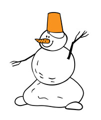 snowman in doodle style in orange bucket on his head. Flat vector character isolated white background for New Year card, print, brochures, poster design