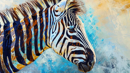 A painting of a zebra in blue and yellow colors