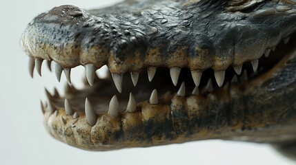 Obraz premium A close-up of the head and jaw of an alligator, focusing on its teeth and scales, against a white background. 