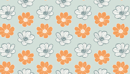 Seamless pattern with hand drawn flowers on a light blue background