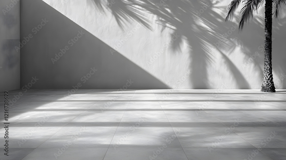Poster a minimalist black-and-white composition featuring palm shadows on a textured floor against a plain 