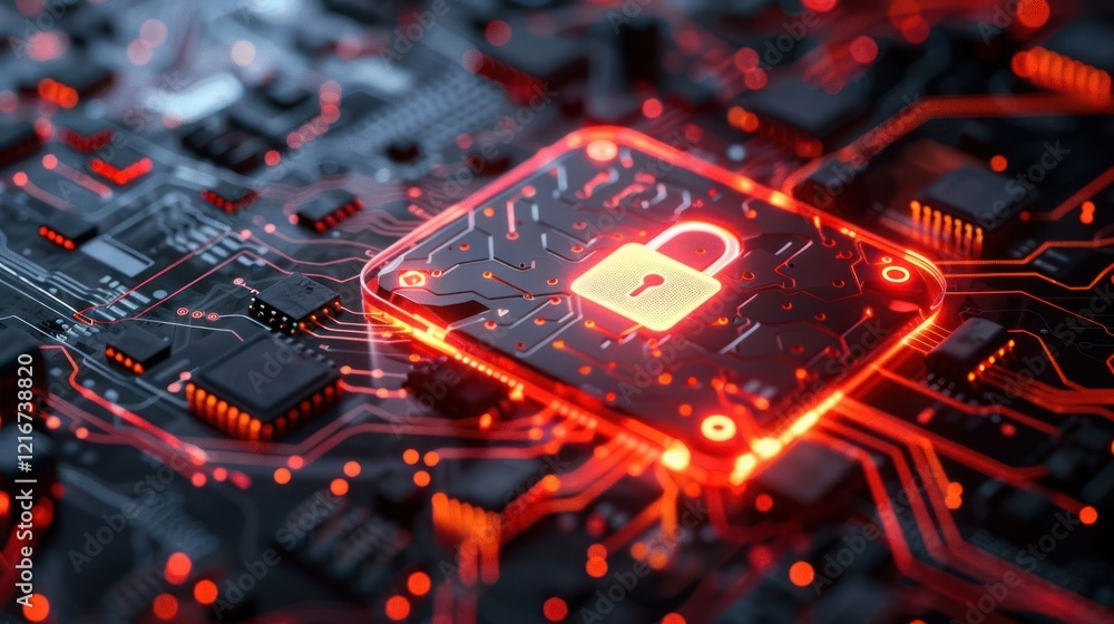 Poster abstract representation of digital security featuring a glowing lock on a circuit board background