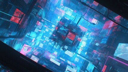 A vibrant, futuristic digital landscape filled with glowing cubes and abstract patterns.