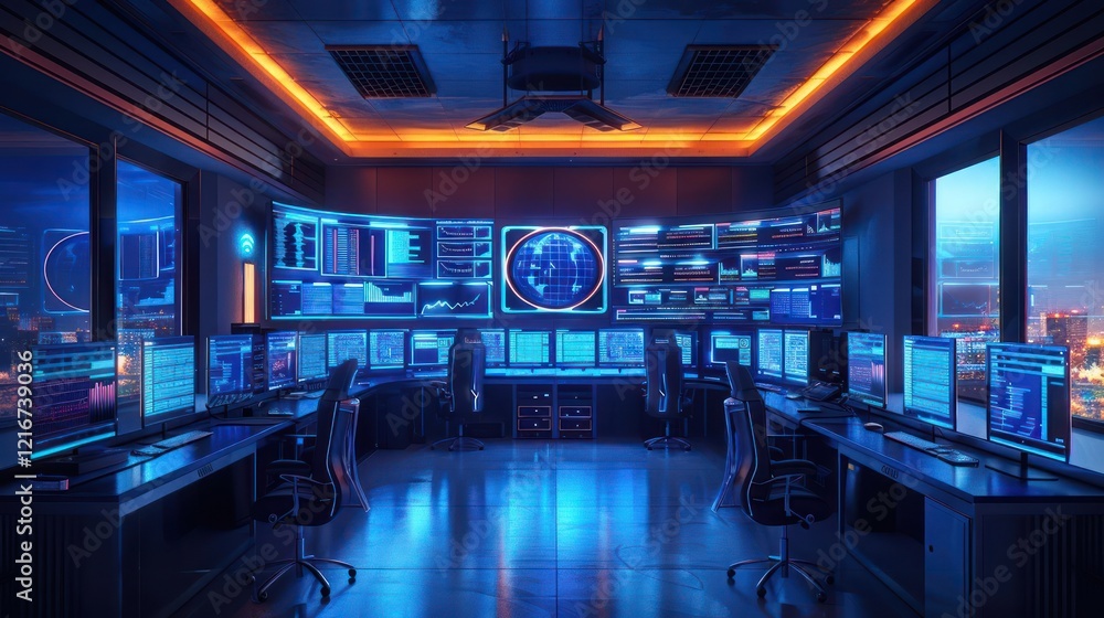 Poster futuristic control room at night with multiple screens displaying data and city skyline views