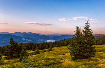 summer panoramic scenery, scenic sunset view in the mountains,  Ukraine, Carpathian mountains, Europe