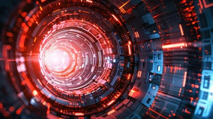 Fototapeta premium Abstract futuristic tunnel with glowing red lights and intricate digital patterns, symbolizing technology