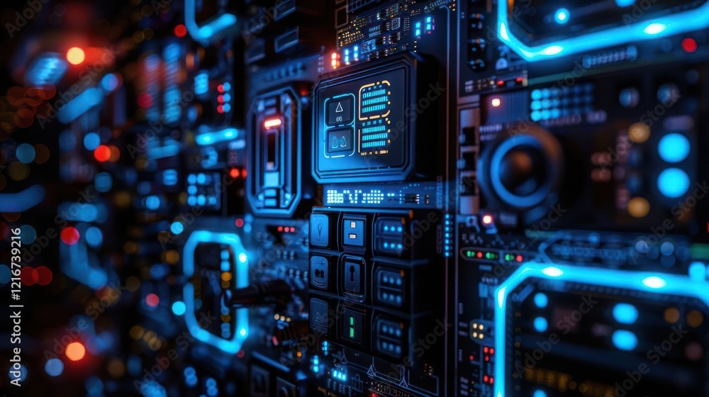 Poster close-up view of a futuristic circuit board with glowing elements and intricate designs