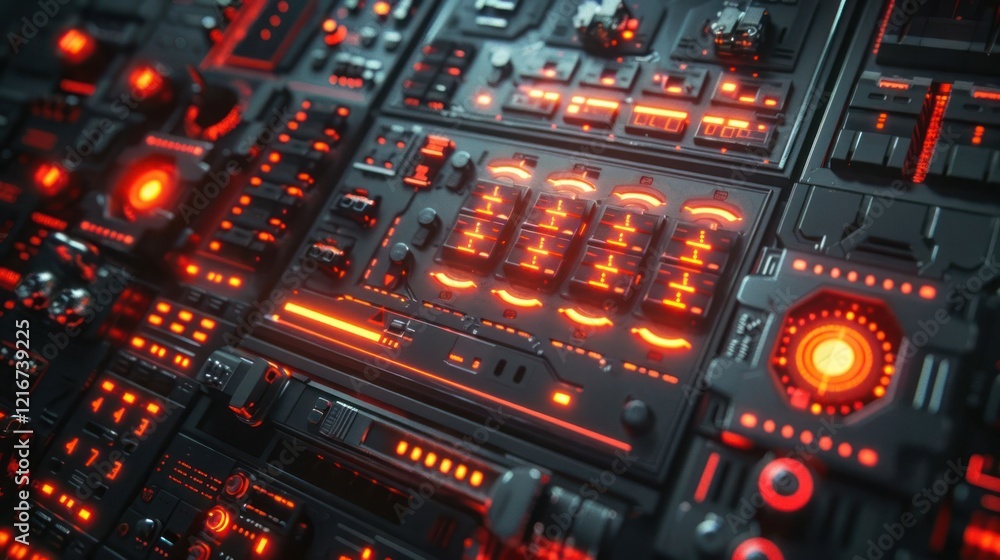 Poster futuristic control panel with glowing red lights and intricate circuitry in a high-tech environment