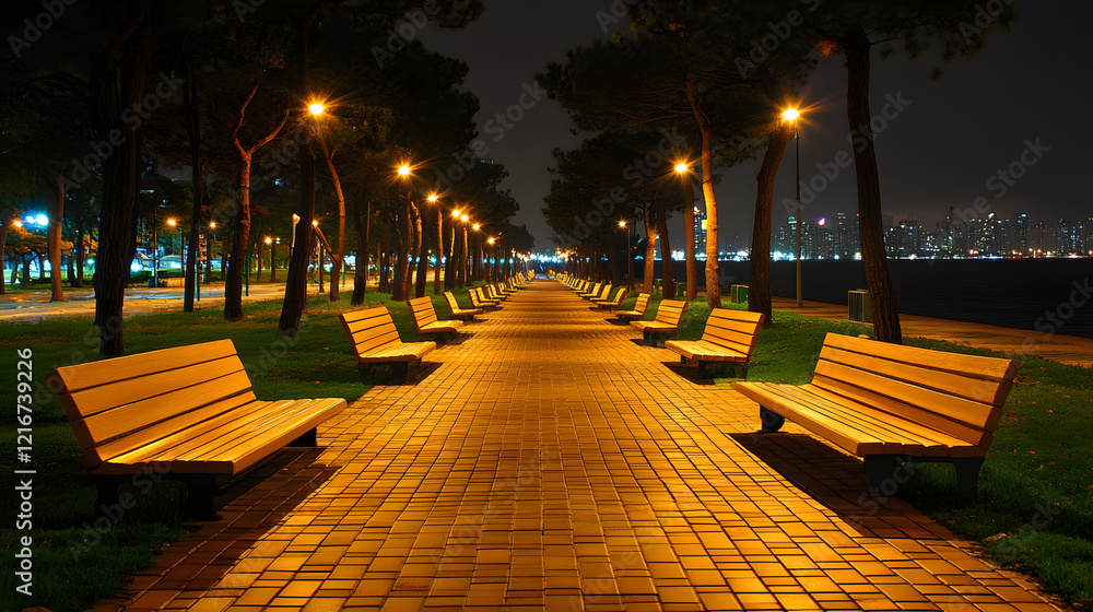 Poster a serene night scene featuring a well-lit pathway lined with benches and trees, creating a peaceful 
