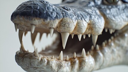 Obraz premium A close-up of the head and jaw of an alligator, focusing on its teeth and scales, against a white background. 