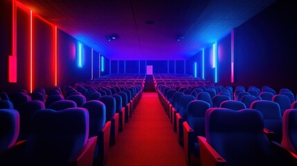 Empty Theater Seats Illuminated by Neon Lights