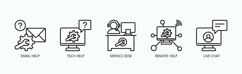 Tech Connect Icon Set Isolated Vector With Icon Of Live Chat, Tech Help, Service Desk, Email Help, Remote Help In Outline Style