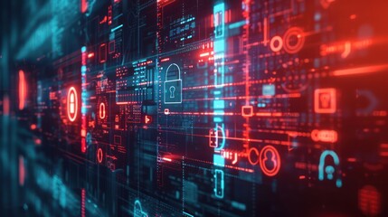 Obraz premium Abstract digital background with glowing security icons and data streams in a futuristic setting